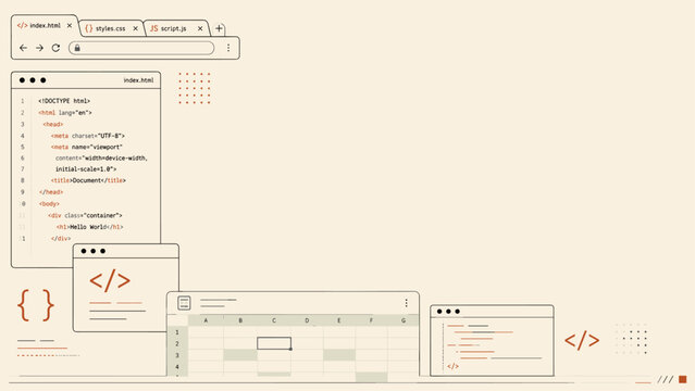 Web development coding environment interface with browser tabs and spreadsheets