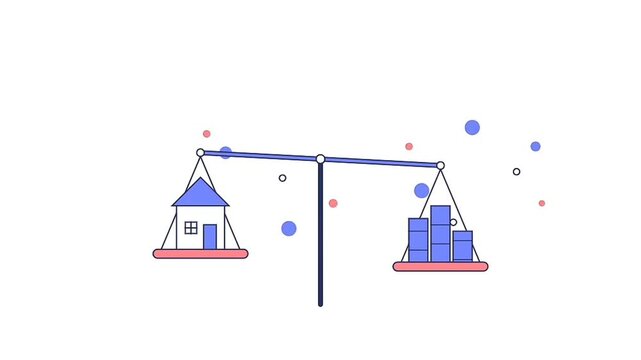 2D animated balance scale weighing a house against stacks of coins. Ideal for mortgage, real estate investment, property market, and financial planning themes in business presentations
