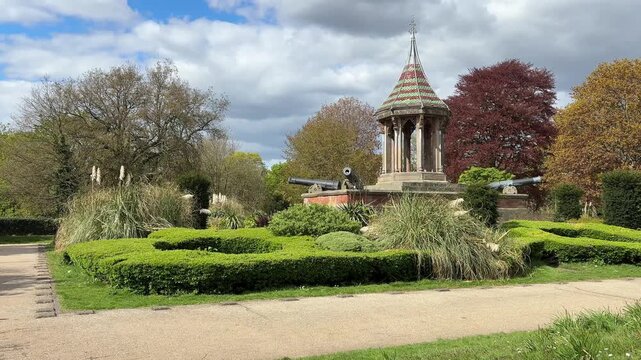 View of the Chinese Bell Tower in Nottingham Arboretum Park on Waverley Street, a historic pavilion and landmark in Nottingham, Nottinghamshire, East Midlands, England.