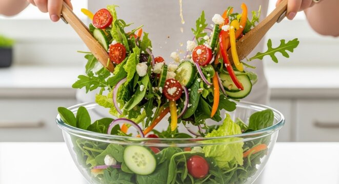 Person tossing fresh garden salad with dressing in a glass bowl
