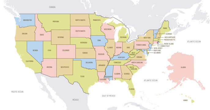 Detailed map of United States of America with administrative divisions into states and borders of other North American countries, vector illustration on white background