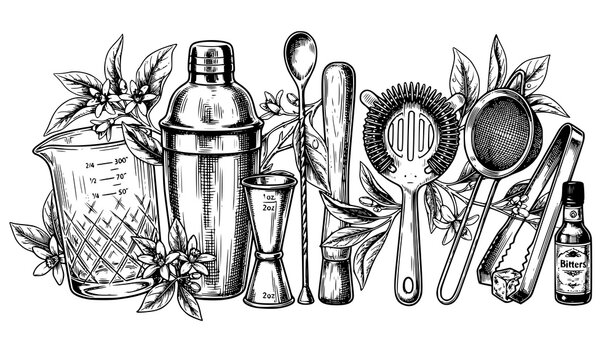 Bartending equipment sketch vector cocktail bar tools illustration set