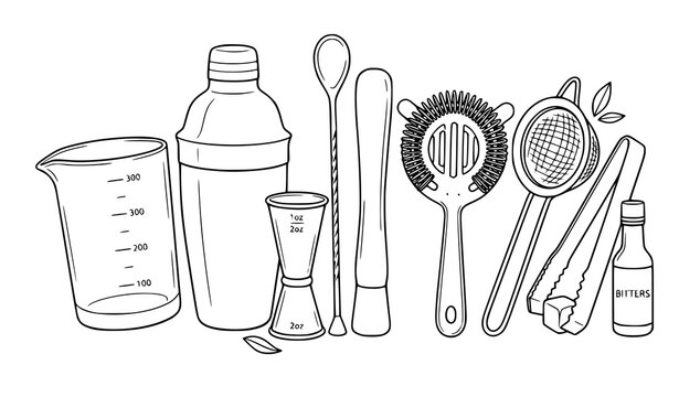 Minimal bartending equipment sketch vector cocktail tool illustration