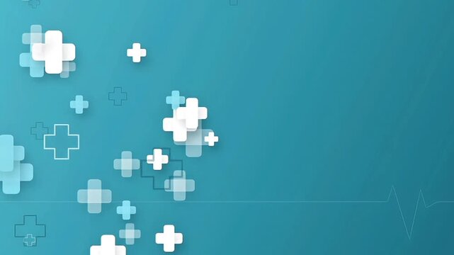 Animated medical background with floating white crosses and a glowing pulse line on a teal surface. Perfect for healthcare, pharmaceutical presentations, and cardiology medical videos