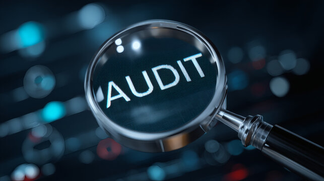 intricate digital interface with the word AUDIT magnified by a professional hand. The scene captures thin glowing lines connecting compliance icons and internal control nodes. The dark background 
