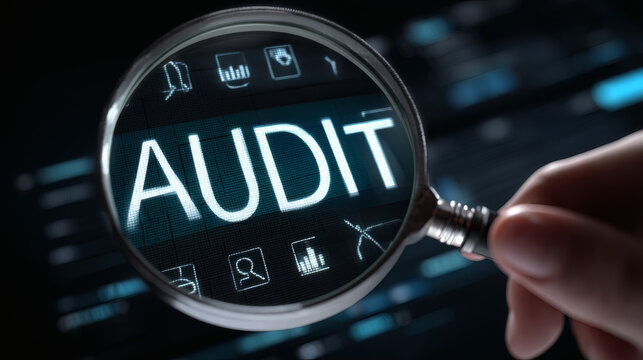 intricate digital interface with the word AUDIT magnified by a professional hand. The scene captures thin glowing lines connecting compliance icons and internal control nodes. The dark background 