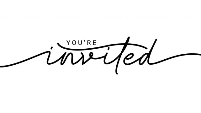 Animated "You're Invited" handwriting calligraphy text reveal on white background, portrait 9:16, elegant minimal style for event invitation social media