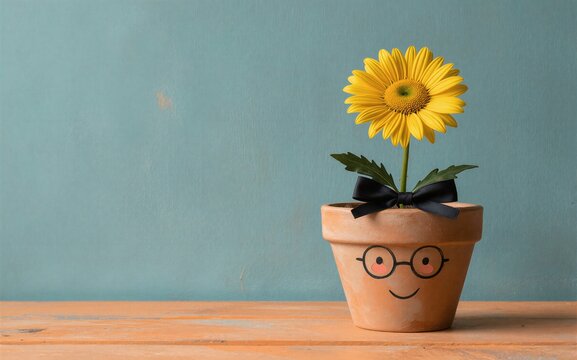 Yellow flower in a smiling pot with glasses against teal wall on