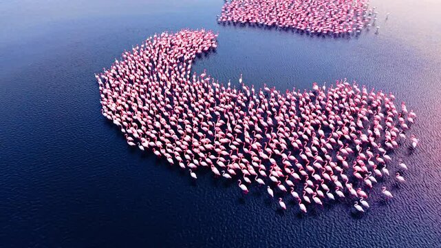 Aerial view of pink flamingos gathered in a crescent formation in dark lake. Large flamingo flock forming curved shape in water.
