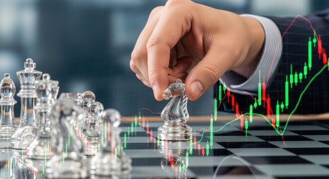 Businessman moving glass chess piece with financial stock market overlay