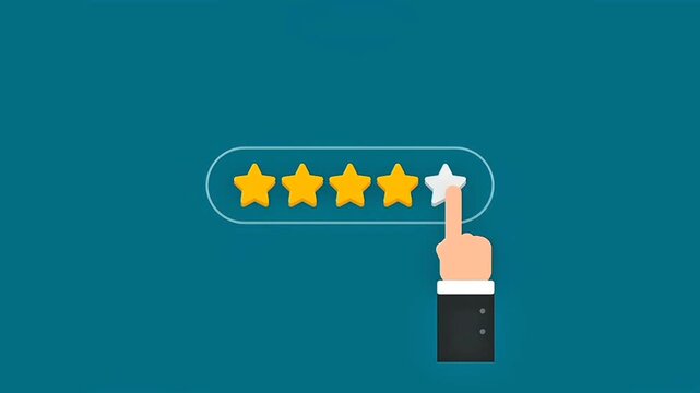Animated five star rating conceptual video. A businessman's hand clicks to give a perfect 5-star review, symbolizing high-quality service, customer satisfaction, and excellent reputation.