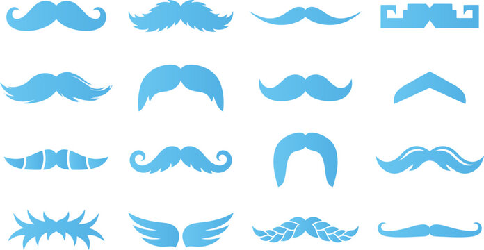 Collection of blue cartoon mustaches and beards in various styles and shapes vector illustration.