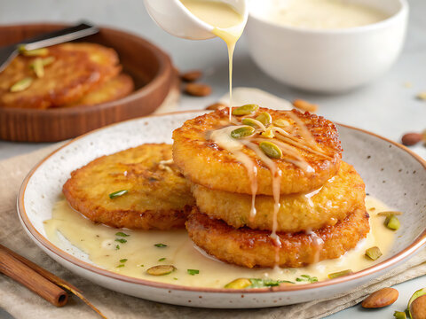 Teej malpua with rabri drizzle  realistic dessert close-up