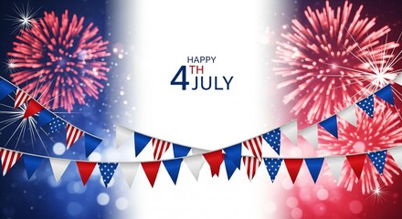 Obraz premium Happy 4th of July celebration with fireworks and patriotic bunting flags in red, white, and blue colors, festive background with bokeh lights and copy space for text.