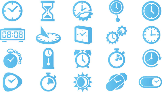 Blue clock icons on white background simple flat vector illustration.