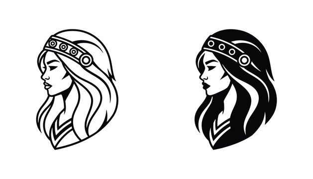 Beautiful woman wearing traditional ornate headband portrait vector icon set in line art and silhouette
