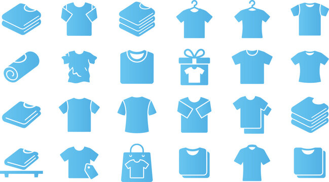 Collection of blue t shirts and folded clothes icons on white background.