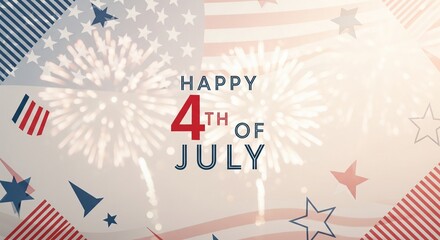 Obraz premium Happy Fourth of July text overlay with American flag elements and fireworks celebration background, patriotic holiday graphic design concept with stars and stripes.