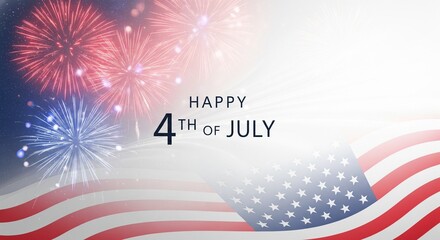 Fototapeta premium Happy 4th of July text with fireworks and American flag elements in red white and blue colors celebrating Independence Day with patriotic celebration and festive atmosphere