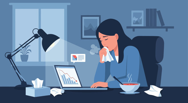 Businesswoman Working While Sick and Under Stress During Economic Decline