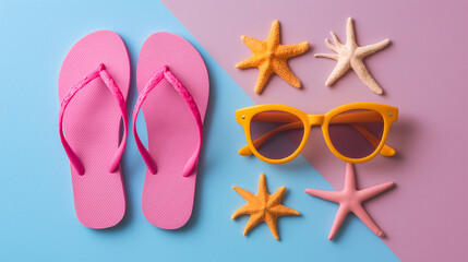 Fototapeta premium Summer Beach Flat lay with Flip Flops, Sunglasses, Starfish and Seashells on Pastel Background. Travel promotions, summer sale campaigns, social media banners, and seasonal retail advertising.