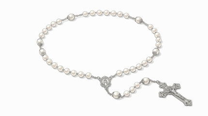 Fototapeta premium Elegant white pearl rosary with silver cross and decorative beads