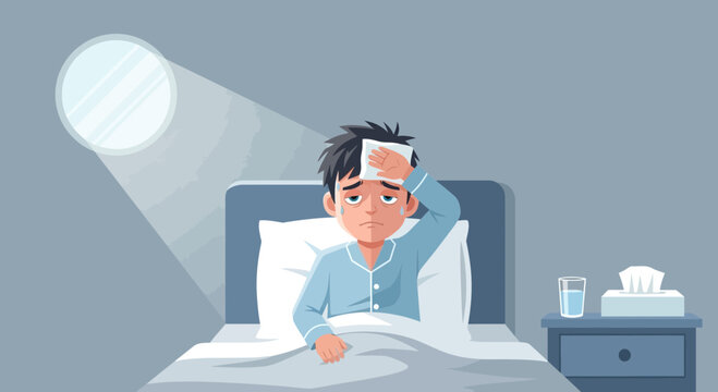 Cartoon Young Man Sick in Bed with a Fever, Feeling Unwell with a Cold