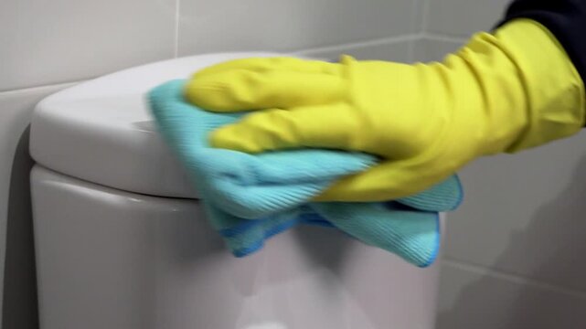 Hand in a yellow rubber glove with blue rag cleaning the toilet in the bathroom. Disinfect and sanitary standards.