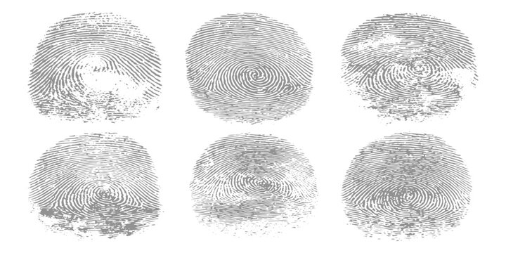 Abstract grunge realistic human fingerprints side by side, black ink fingerprint marks on white background, forensic identification style, detailed ridge texture, minimal clean design.