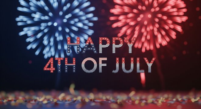 Happy 4th of July text overlay with red and blue fireworks exploding in the night sky and confetti scattered on the ground below, celebrating American Independence Day.