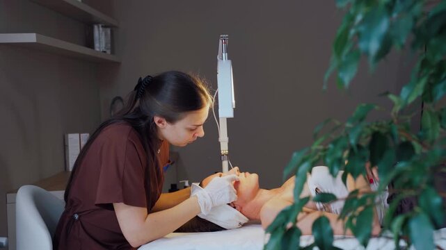 Professional facial cleansing procedure. Therapist performing facial with sterile technique. Clinical spa setting with therapist using sterile methods for facial and impurity removal