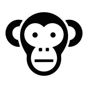 A minimalist, modern icon representing a tropic animal, a chimpanzee, in a simple black and white graphic illustration