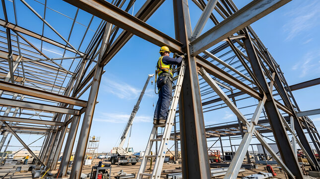 Professional construction worker in safety gear standing on a ladder while installing steel beams for a large industrial building frame at a construction site under a clear blue sky background.