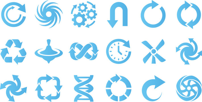 Recycle and rotation icons, circular arrows, gears, infinity loop, clock, DNA, whirlpool symbols.