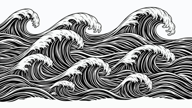Stylized Black and White Ocean Waves Illustration