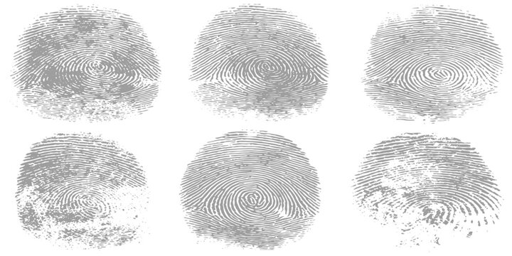 Abstract grunge realistic human fingerprints side by side, black ink fingerprint marks on white background, forensic identification style, detailed ridge texture, minimal clean design.