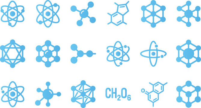 Light blue scientific molecular structures and atom icons, symbolizing chemistry and research, isolated on white background.