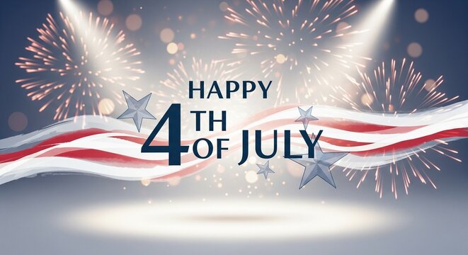 Happy 4th of July celebration with fireworks and American flag elements, festive holiday graphic design with stars and spotlights illuminating the scene, patriotic theme.