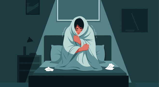 Cold Night: Person Wrapped in Blanket on Bed, Feeling Unwell with a Cold