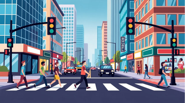 People Crossing City Street Intersection.