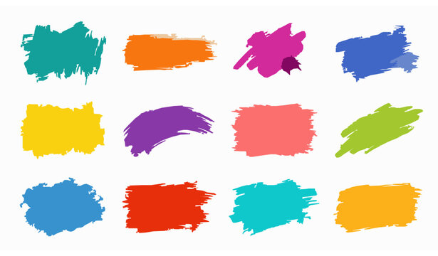 Colorful artistic brush marks and paint swatch vector set with hand painted textures