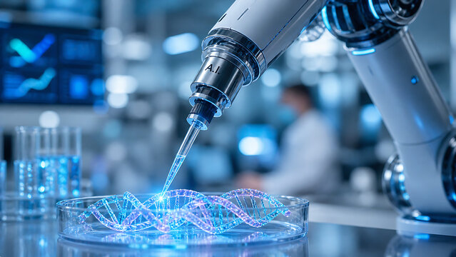 Close Up of Robotic Laboratory Pipette Analyzing DNA Sample Representing Advanced Biotechnology and Scientific Research