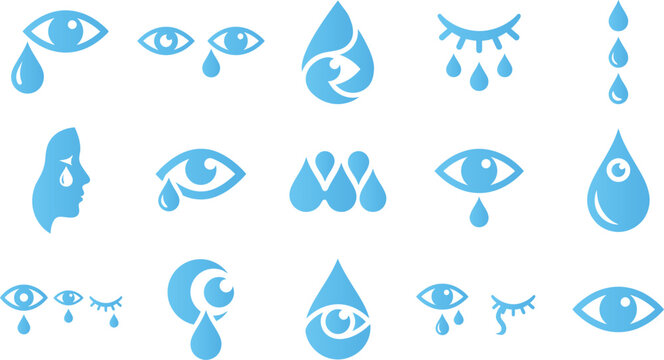 Blue eye and tear drop icons representing sadness and crying on white background.
