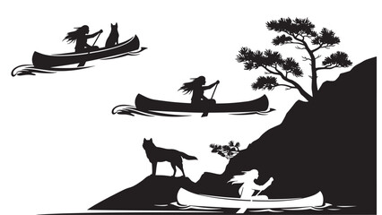 Canoe silhouette adventure poster with rower paddling, wild cat standing on cliff and tree landscape © Diego