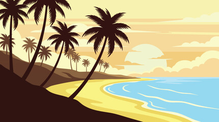 Fototapeta premium tropical beach sunset with palm trees by the ocean and island coast
