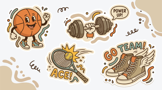 Playful sport stickers with basketball player character and heavy dumbbell lift including tennis ace and winged shoes.