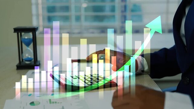 Holographic financial growth analytics with bar chart and upward arrow, Businessman using a calculator with hologram graph bar