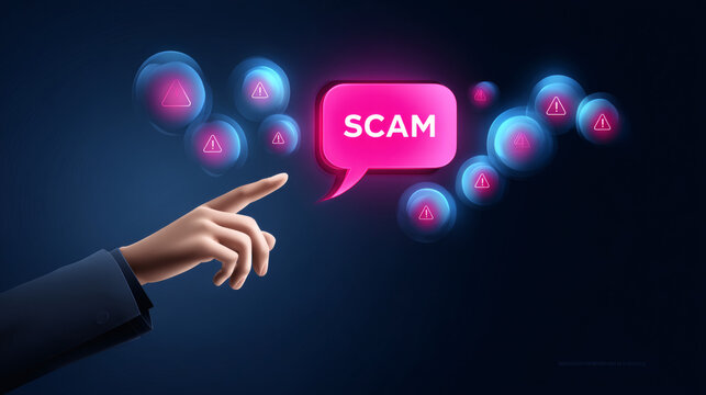 cybersecurity conceptual illustration showing a close-up of a hand in a dark navy sleeve identifying a threat. A vibrant neon pink speech bubble displays the text SCAM in white capital letters. 