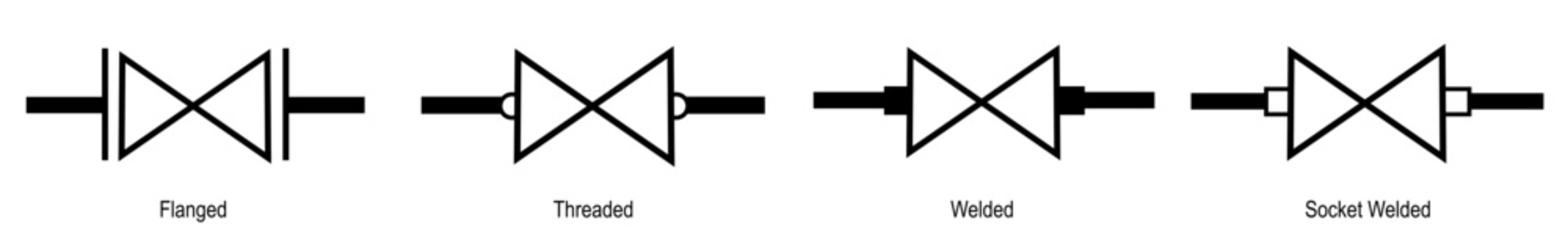 Valve connection symbols for P&ID diagrams featuring flanged, threaded, butt welded, and socket welded types. Industrial engineering and piping design vector set.
