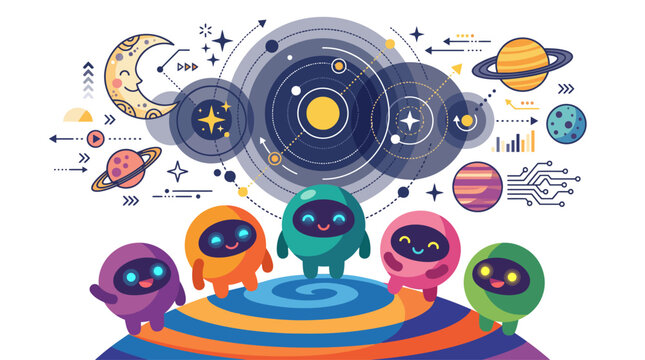 Five cute colorful alien characters standing under a complex solar system chart, vector illustration.